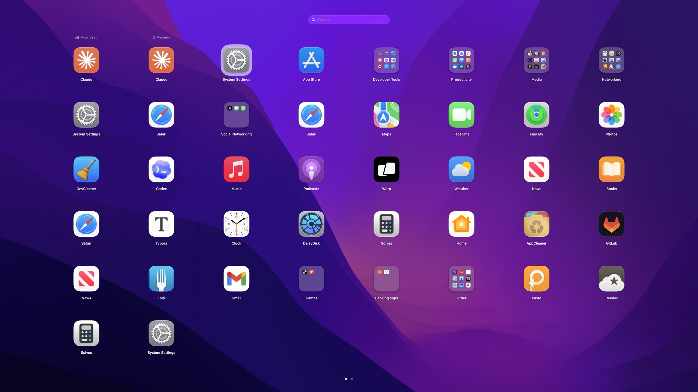 LaunchingPad open over a purple desktop wallpaper: a full-screen, paginated grid of macOS app icons with Most Used and Recents columns down the left and a search field at the top.