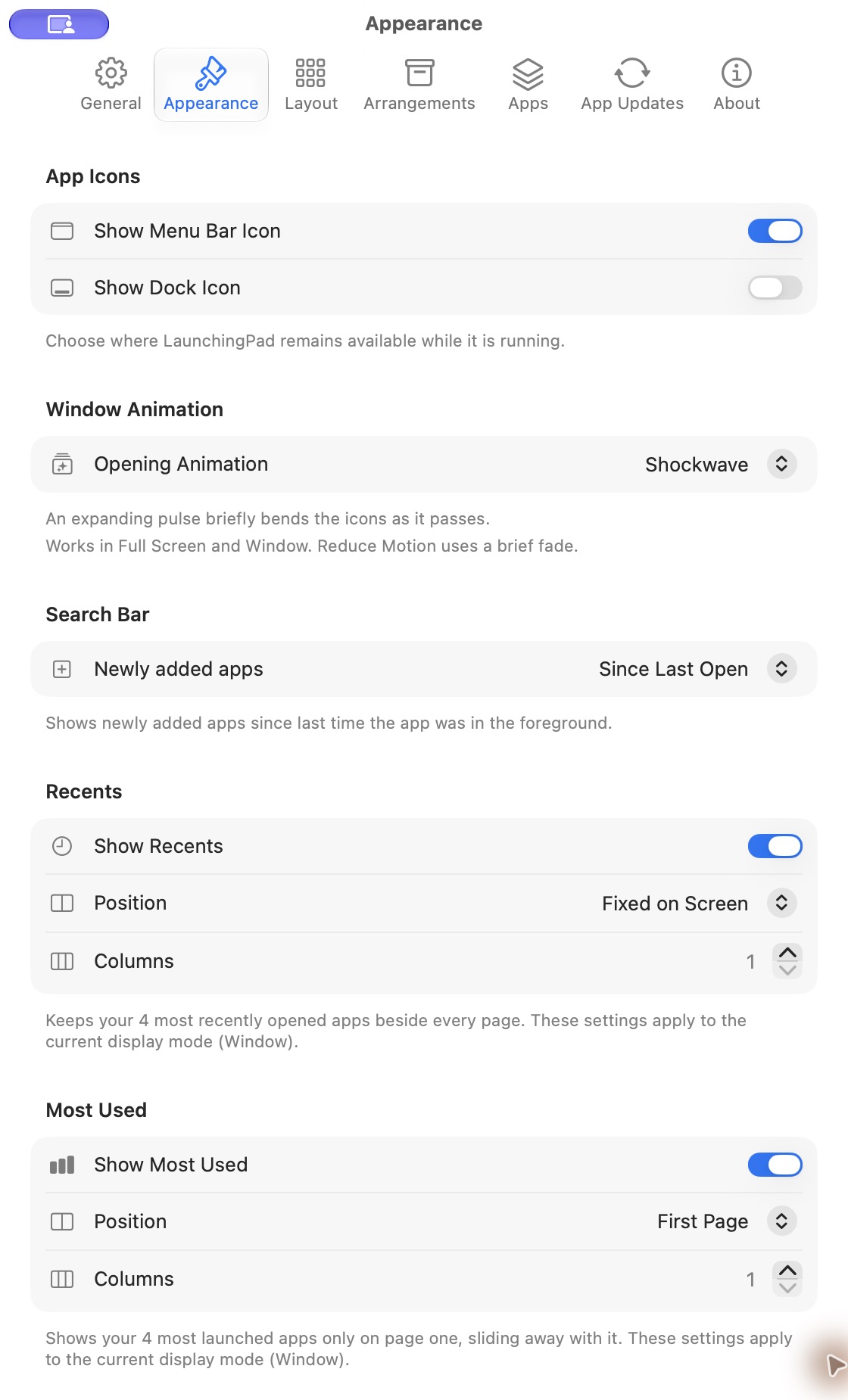 Appearance settings showing the Opening Animation control set to Shockwave and the Reduce Motion explanation