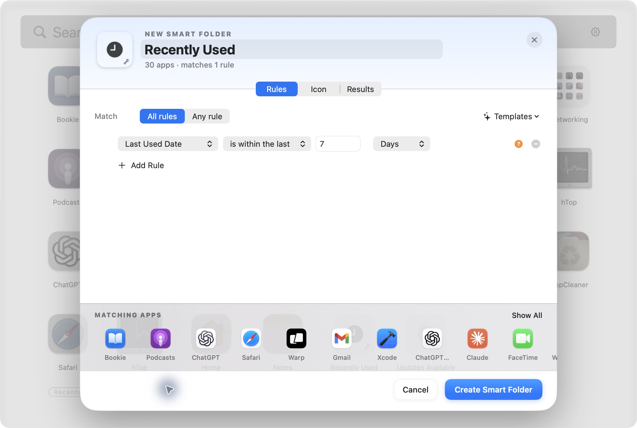 Smart Folder editor with a Recently Used template, a seven-day rule, and a live preview of matching apps