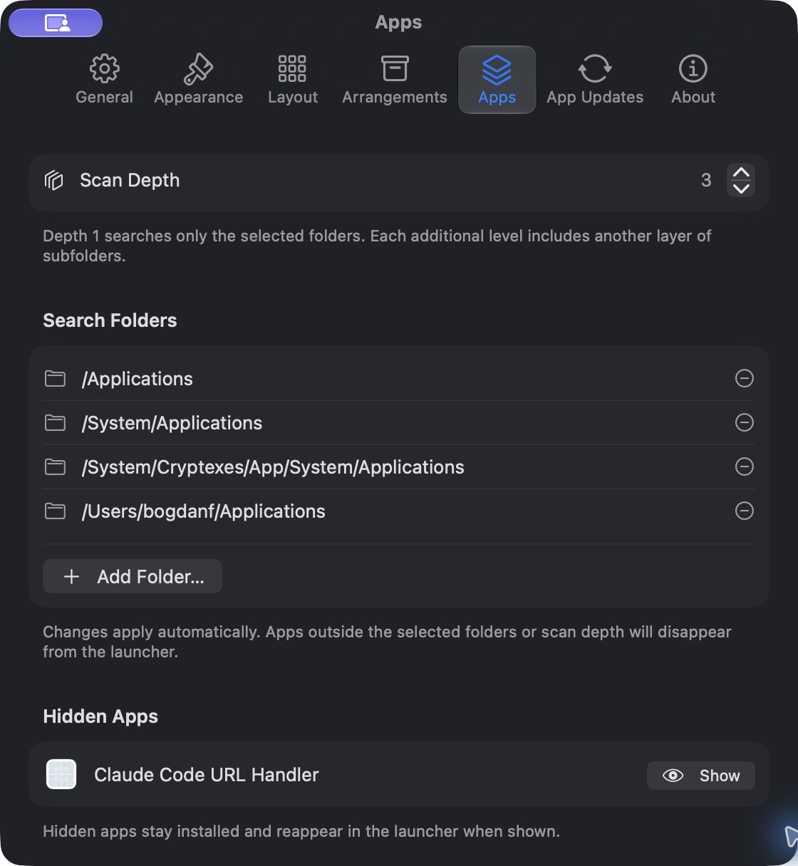 LaunchingPad Apps settings showing Scan Depth set to 3 and a list of Search Folders with an Add Folder button